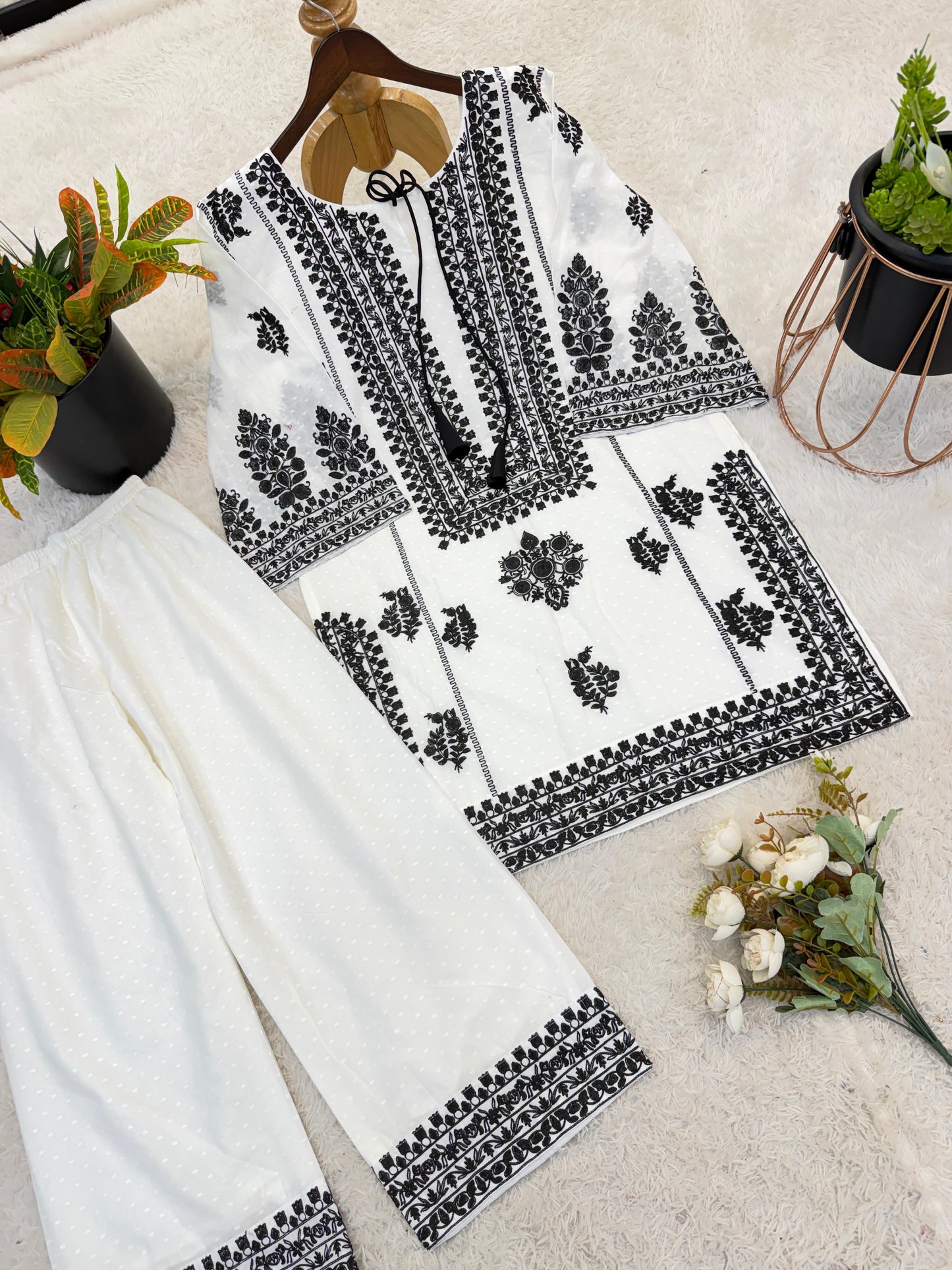 Designer Collection In Rayon Butti Silk Top-Bottom Set Fully Stitched Ready To Wear