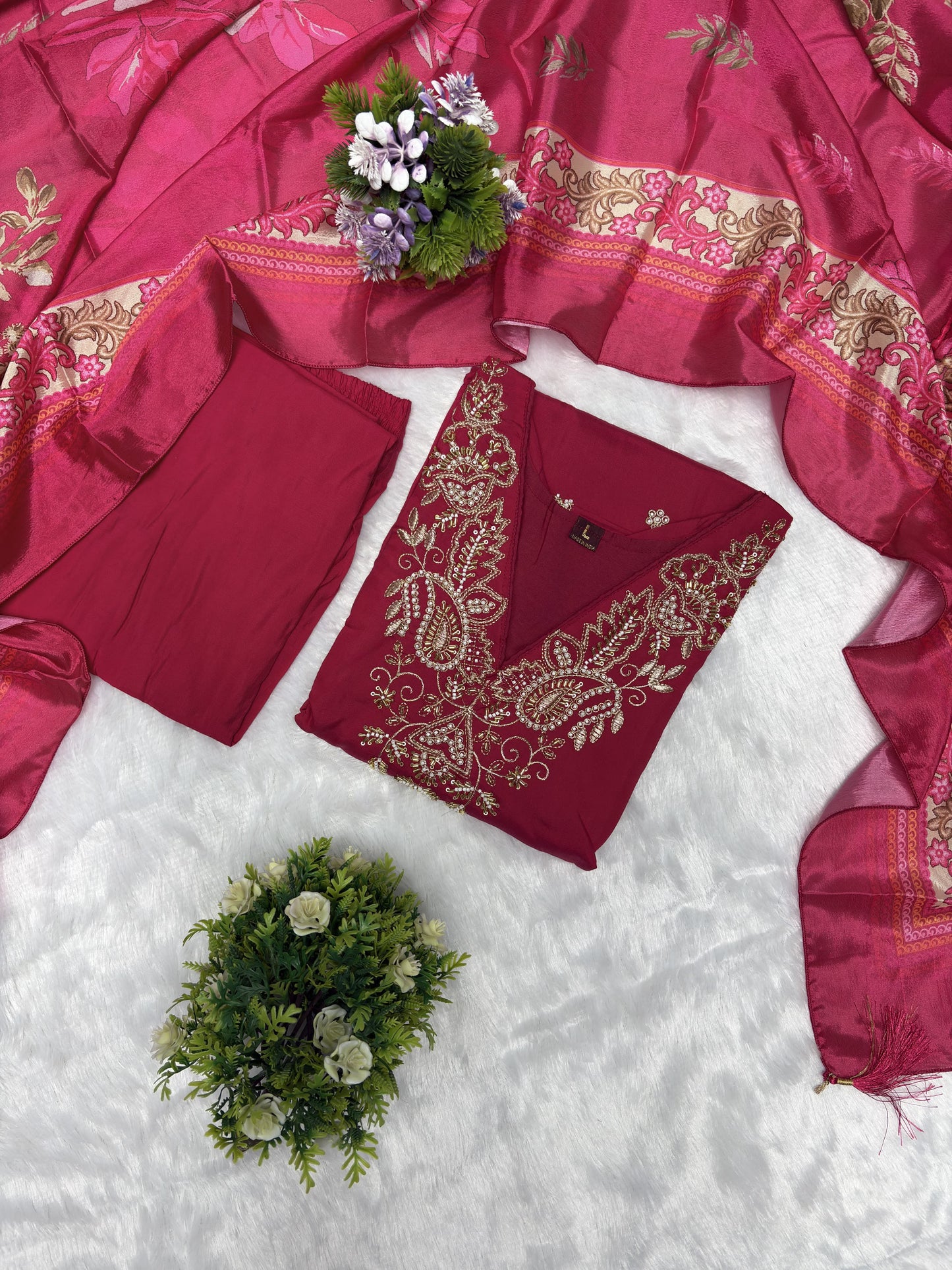 Women's Pink Colour val moti necessary Embroidery Kurta Pant and Dupatta Set