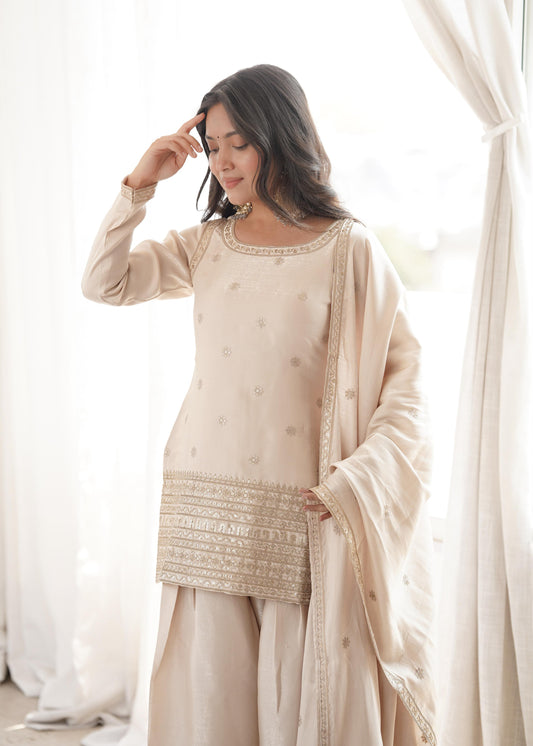 GLASS ROMAN SILK FABRIC WITH EMBROIDERY SEQUENCE DORI AND JARI WORK TOP,DUPPTA SET WITH FARSHI SHALWAR