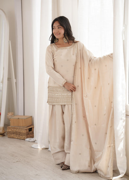 GLASS ROMAN SILK FABRIC WITH EMBROIDERY SEQUENCE DORI AND JARI WORK TOP,DUPPTA SET WITH FARSHI SHALWAR