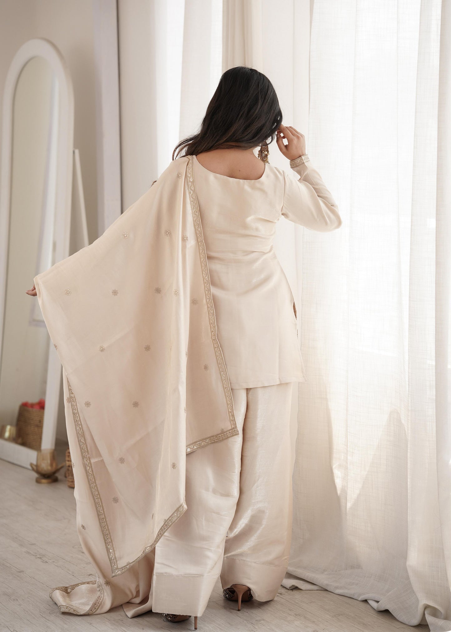 GLASS ROMAN SILK FABRIC WITH EMBROIDERY SEQUENCE DORI AND JARI WORK TOP,DUPPTA SET WITH FARSHI SHALWAR