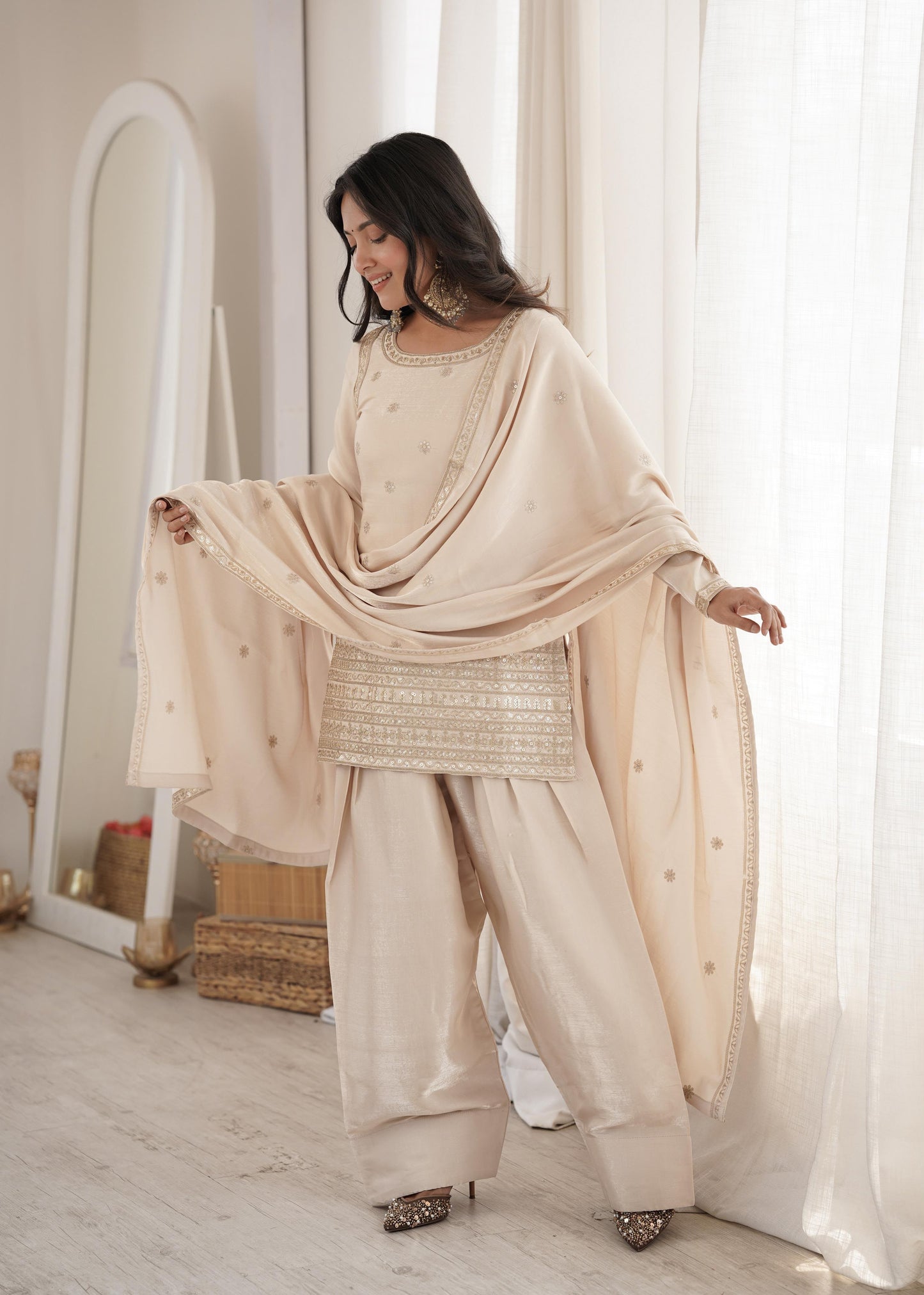GLASS ROMAN SILK FABRIC WITH EMBROIDERY SEQUENCE DORI AND JARI WORK TOP,DUPPTA SET WITH FARSHI SHALWAR