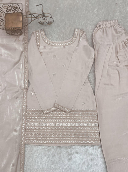 GLASS ROMAN SILK FABRIC WITH EMBROIDERY SEQUENCE DORI AND JARI WORK TOP,DUPPTA SET WITH FARSHI SHALWAR