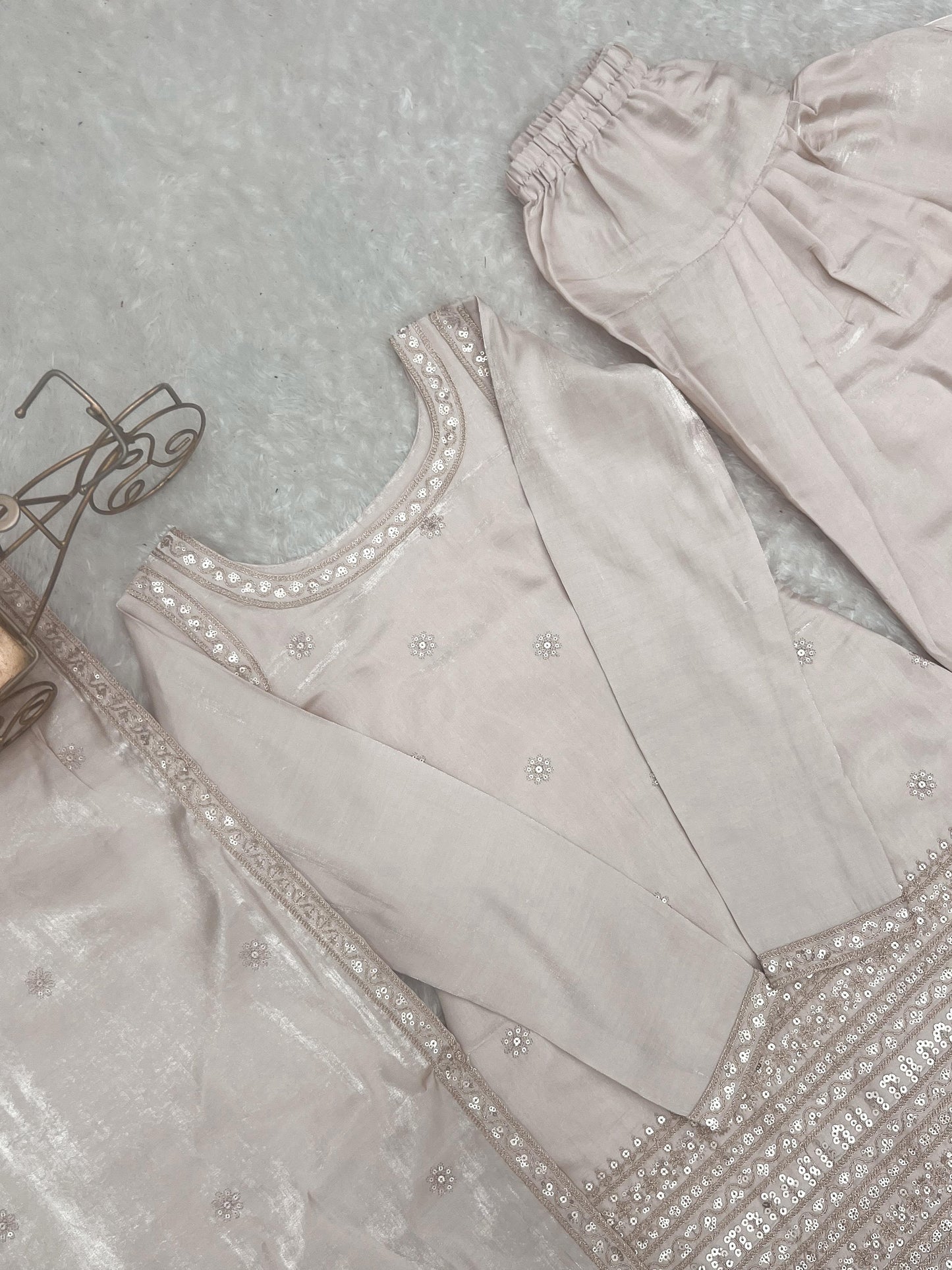 GLASS ROMAN SILK FABRIC WITH EMBROIDERY SEQUENCE DORI AND JARI WORK TOP,DUPPTA SET WITH FARSHI SHALWAR