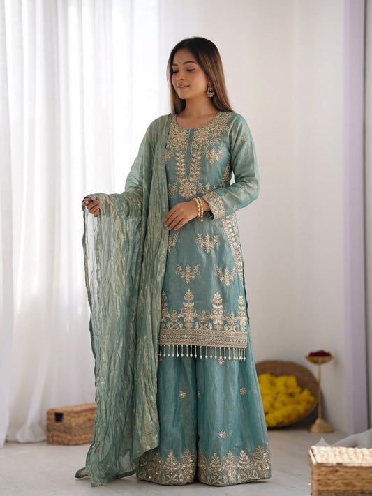 New Designer Party Wear Look Top-Plazzo and Dupatta With Heavy Embroidery Beads Work