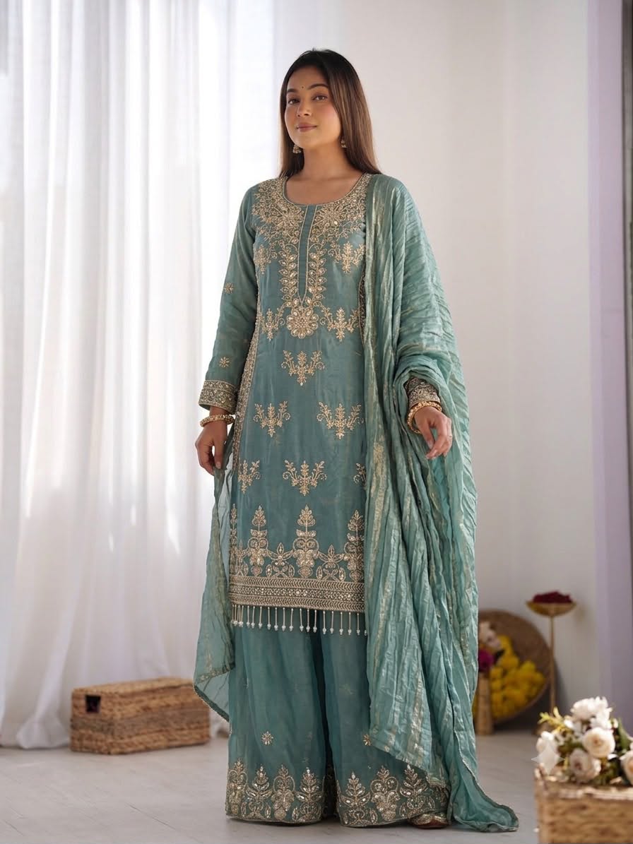 New Designer Party Wear Look Top-Plazzo and Dupatta With Heavy Embroidery Beads Work
