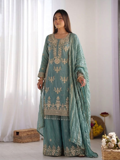 New Designer Party Wear Look Top-Plazzo and Dupatta With Heavy Embroidery Beads Work