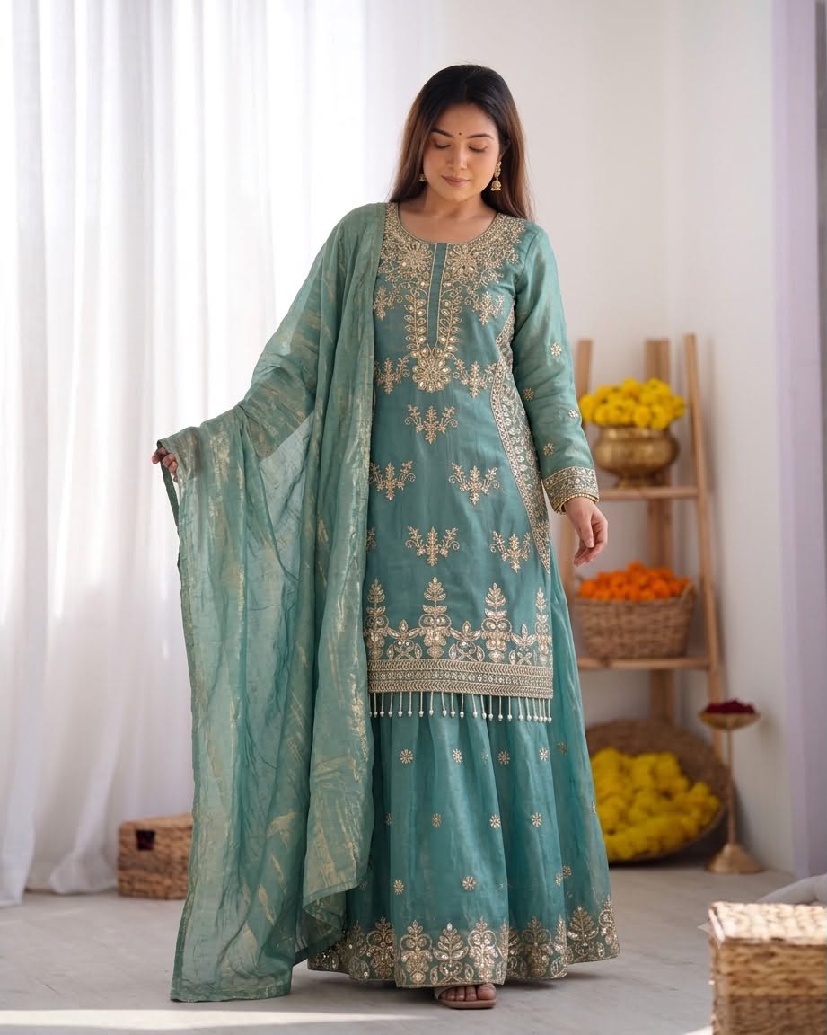 New Designer Party Wear Look Top-Plazzo and Dupatta With Heavy Embroidery Beads Work