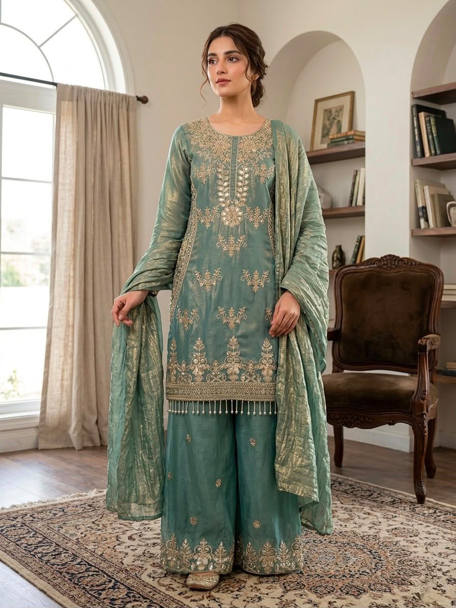 New Designer Party Wear Look Top-Plazzo and Dupatta With Heavy Embroidery Beads Work