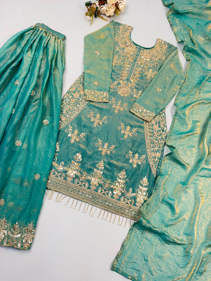 New Designer Party Wear Look Top-Plazzo and Dupatta With Heavy Embroidery Beads Work