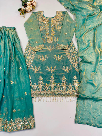 New Designer Party Wear Look Top-Plazzo and Dupatta With Heavy Embroidery Beads Work