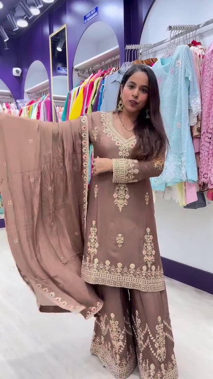 SEQUENCE EMBROIDERY ON SILK FABRIC TOP AND PLAZZO WITH DUPATTA SET