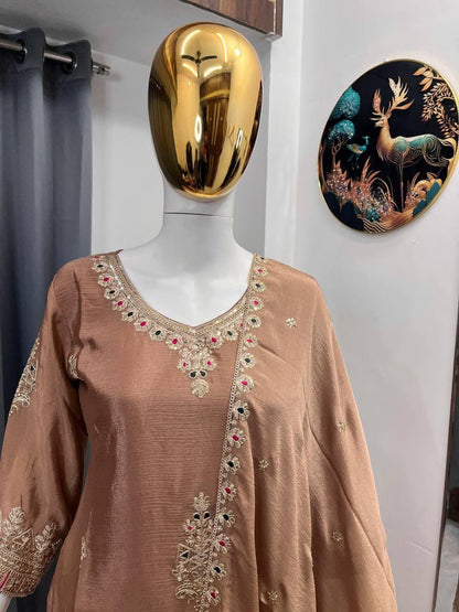 SEQUENCE EMBROIDERY ON SILK FABRIC TOP AND PLAZZO WITH DUPATTA SET