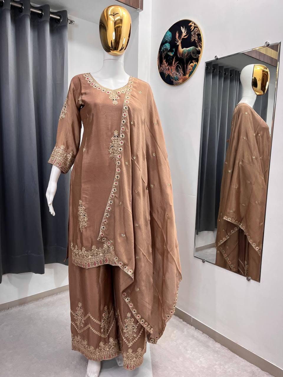 SEQUENCE EMBROIDERY ON SILK FABRIC TOP AND PLAZZO WITH DUPATTA SET