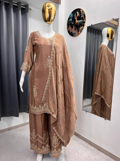 SEQUENCE EMBROIDERY ON SILK FABRIC TOP AND PLAZZO WITH DUPATTA SET