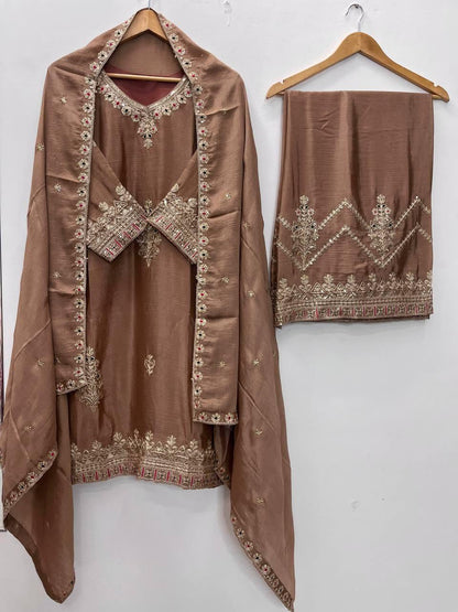 SEQUENCE EMBROIDERY ON SILK FABRIC TOP AND PLAZZO WITH DUPATTA SET