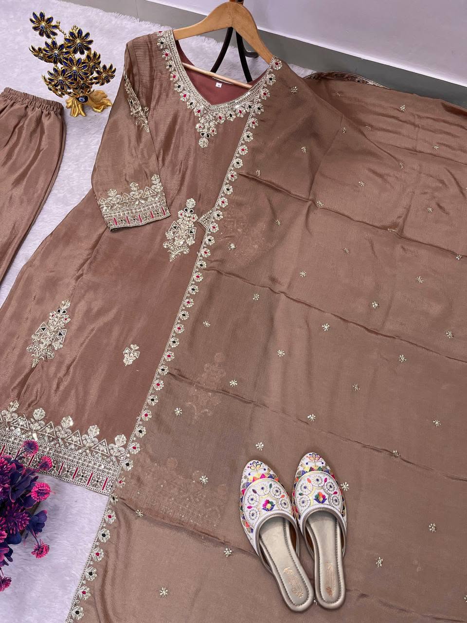 SEQUENCE EMBROIDERY ON SILK FABRIC TOP AND PLAZZO WITH DUPATTA SET