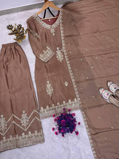 SEQUENCE EMBROIDERY ON SILK FABRIC TOP AND PLAZZO WITH DUPATTA SET