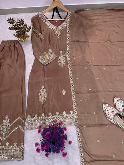 SEQUENCE EMBROIDERY ON SILK FABRIC TOP AND PLAZZO WITH DUPATTA SET