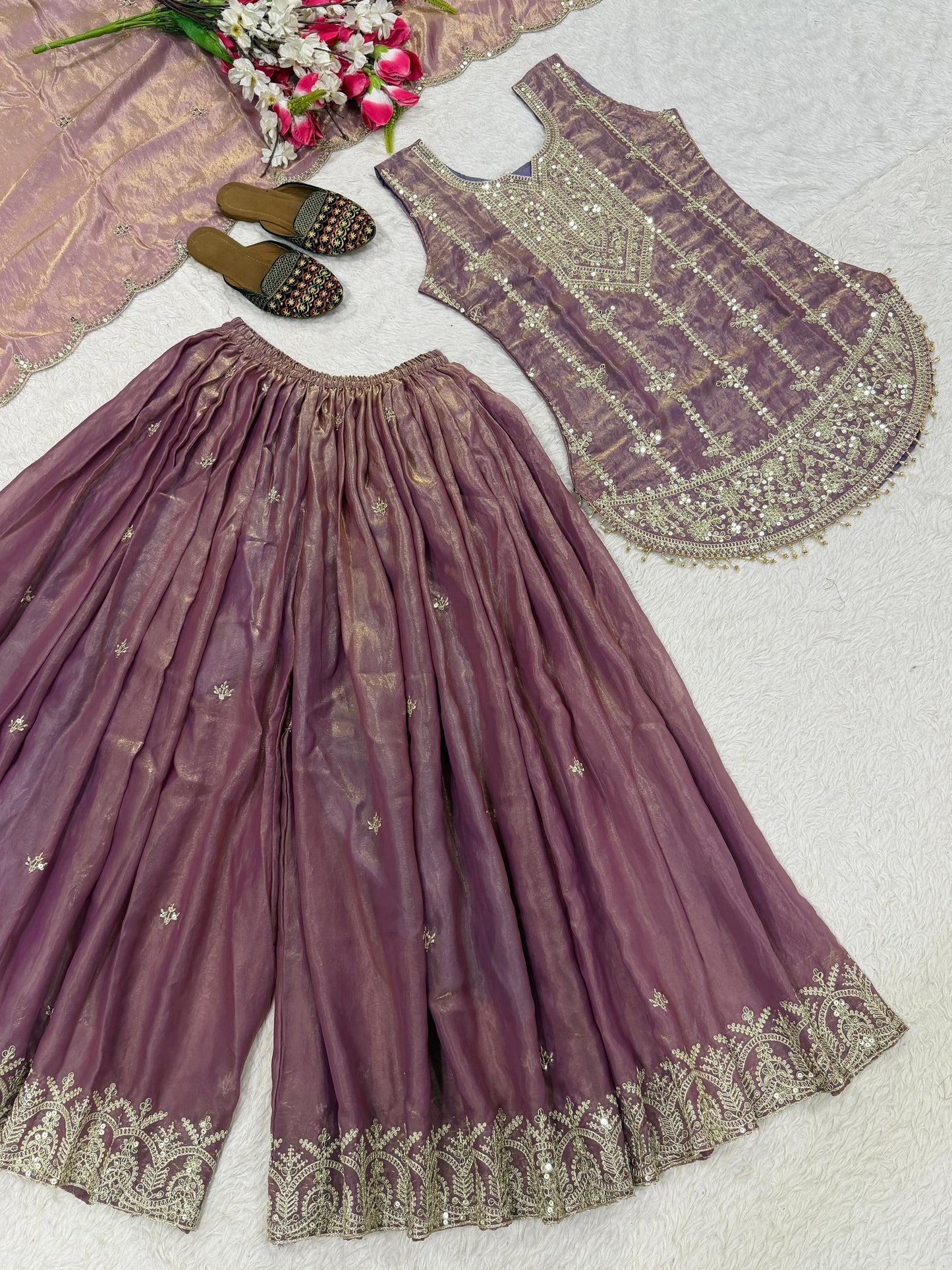 Designer Party Wear Look Top , Sharara plazzo and Dupatta