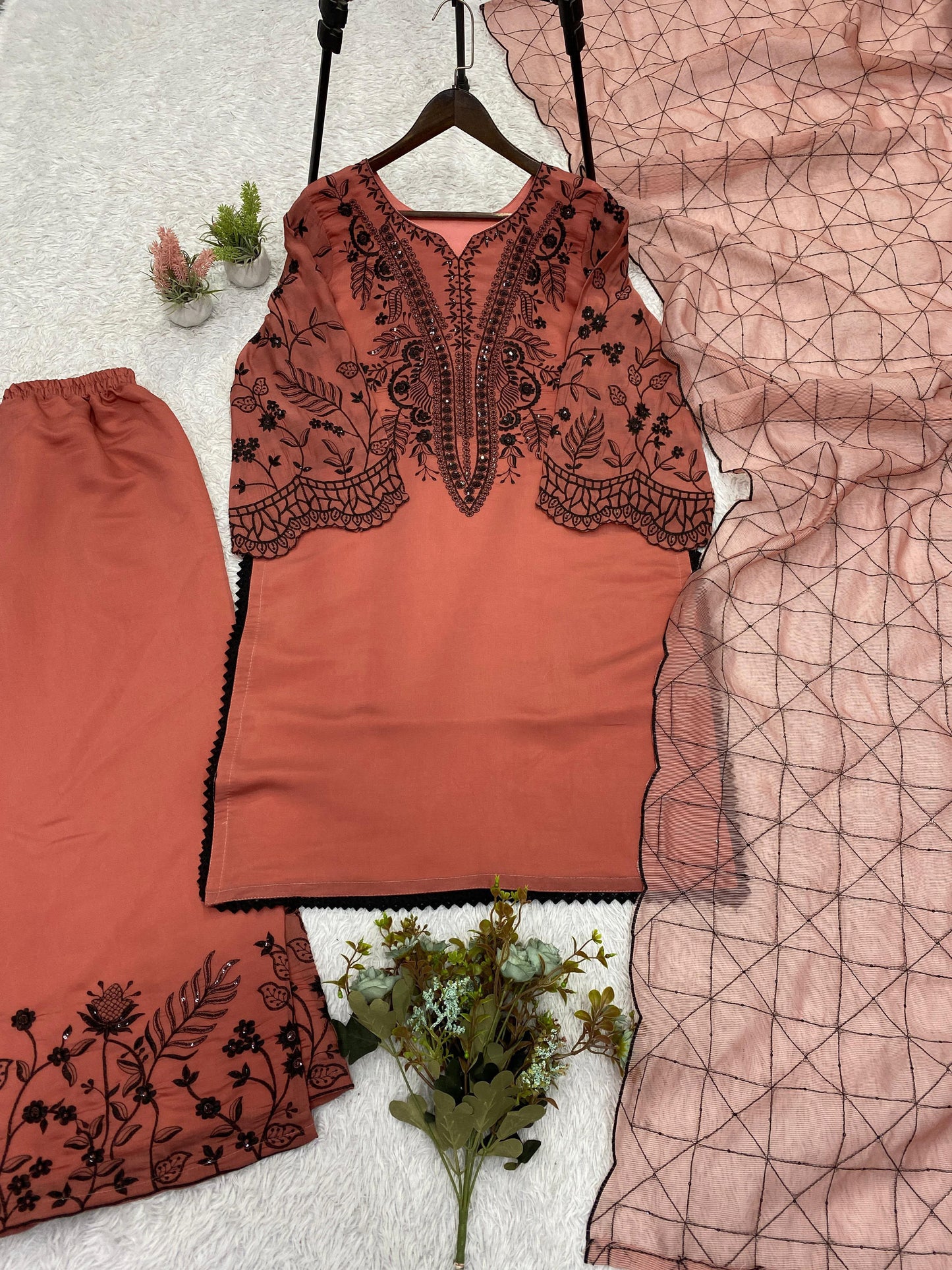 BEAUTIFUL SEQUENCE EMBROIDERED TOP , PLAZZO WITH DUPATTA