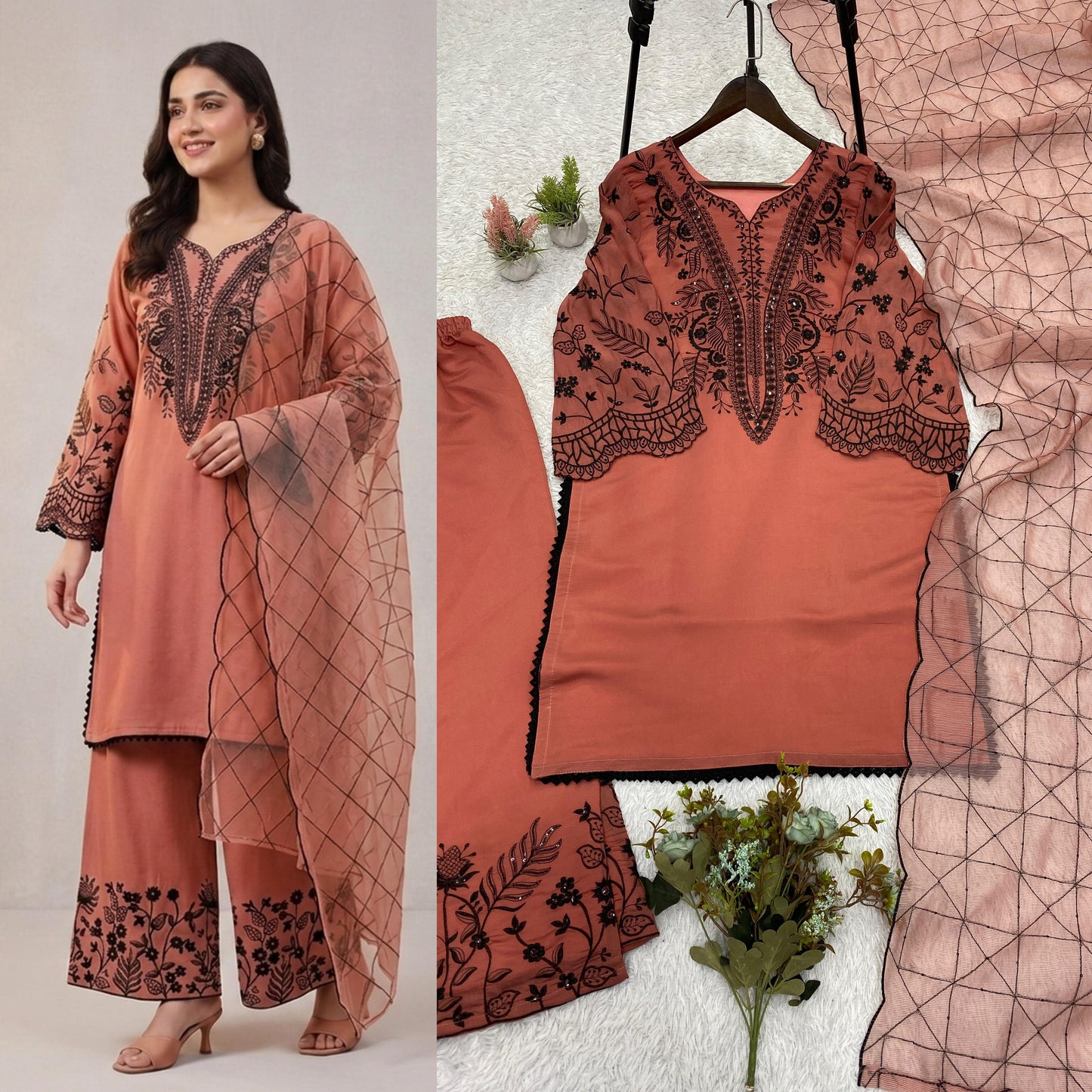 BEAUTIFUL SEQUENCE EMBROIDERED TOP , PLAZZO WITH DUPATTA