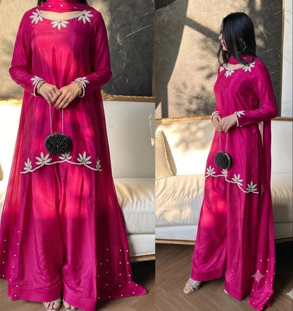 NEW ĐĚSIGNER PARTY WEAR TOP AND FARSI SALVAR. WITH FANCY DUPPATA WITH &nbsp;EMBROIDERY WORK