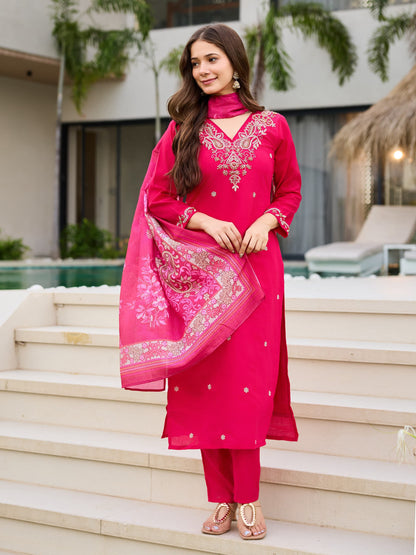 Women's Pink Colour val moti necessary Embroidery Kurta Pant and Dupatta Set