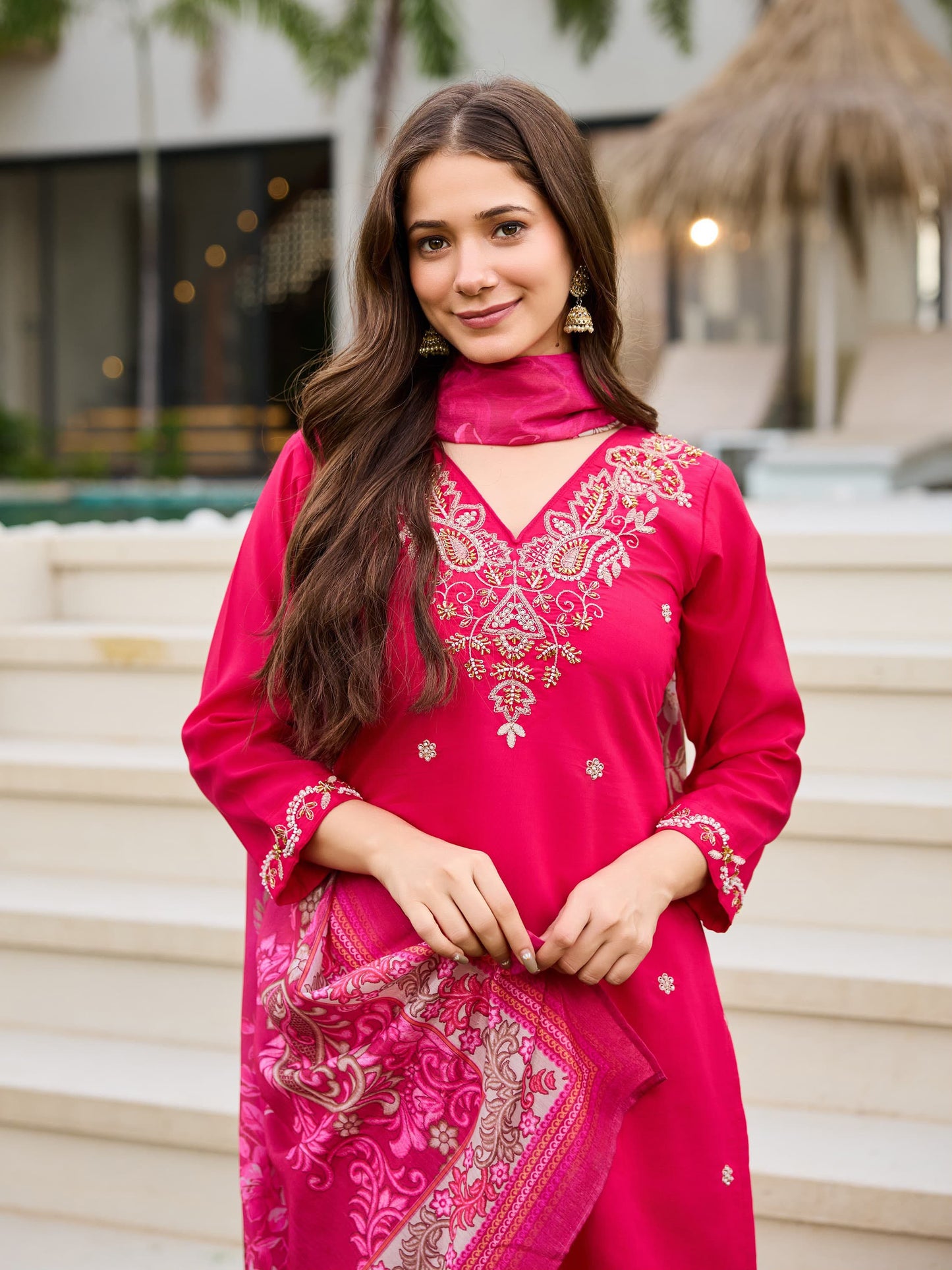 Women's Pink Colour val moti necessary Embroidery Kurta Pant and Dupatta Set