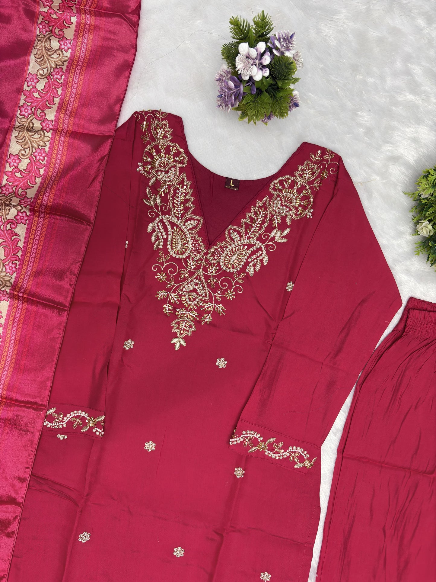 Women's Pink Colour val moti necessary Embroidery Kurta Pant and Dupatta Set