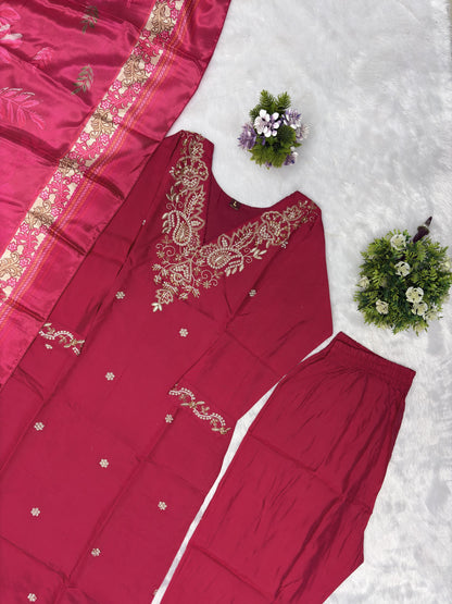 Women's Pink Colour val moti necessary Embroidery Kurta Pant and Dupatta Set