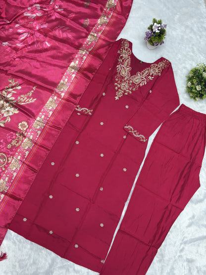 Women's Pink Colour val moti necessary Embroidery Kurta Pant and Dupatta Set