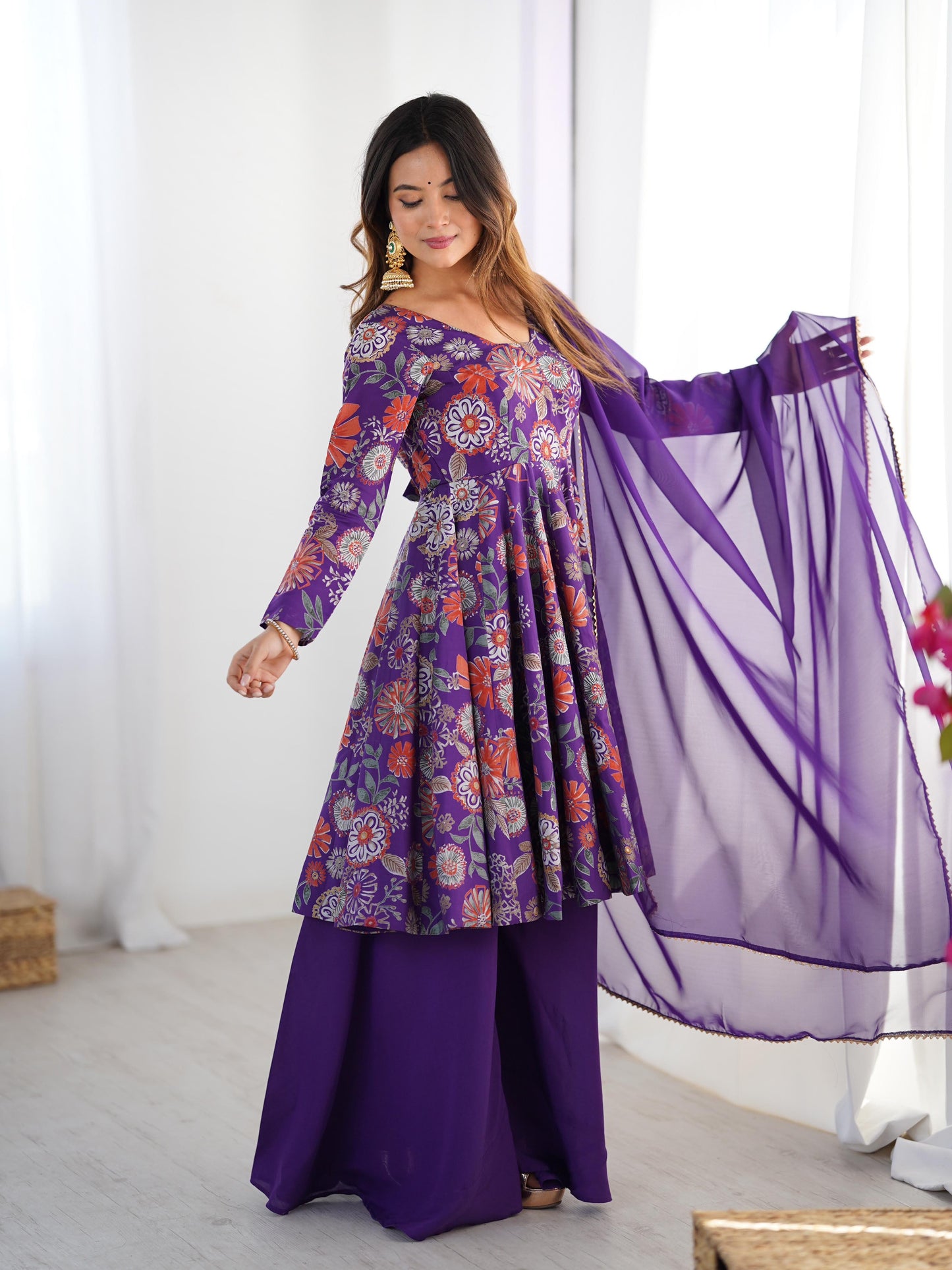 PURE SOFT ROMAN SILK FABRIC FULLY FLAIR KURTA,WITH DUPPTA SET,PALAZZO