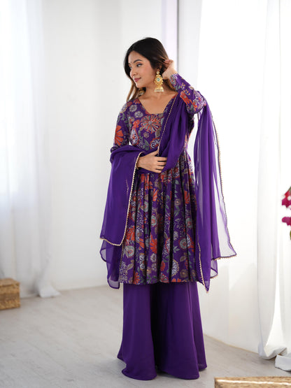 PURE SOFT ROMAN SILK FABRIC FULLY FLAIR KURTA,WITH DUPPTA SET,PALAZZO
