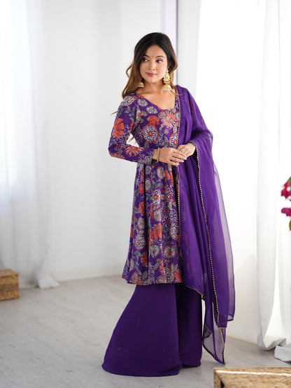 PURE SOFT ROMAN SILK FABRIC FULLY FLAIR KURTA,WITH DUPPTA SET,PALAZZO