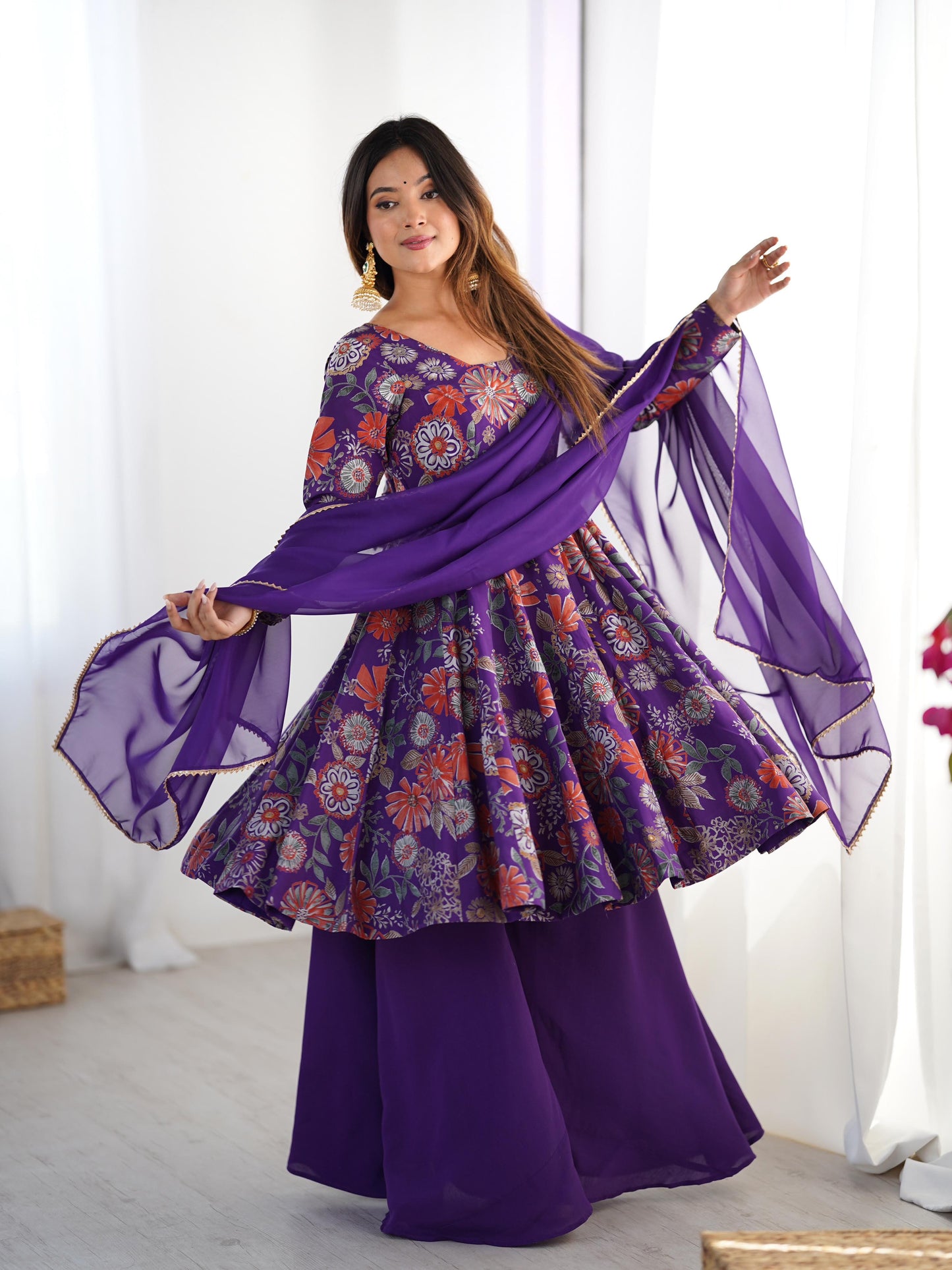 PURE SOFT ROMAN SILK FABRIC FULLY FLAIR KURTA,WITH DUPPTA SET,PALAZZO