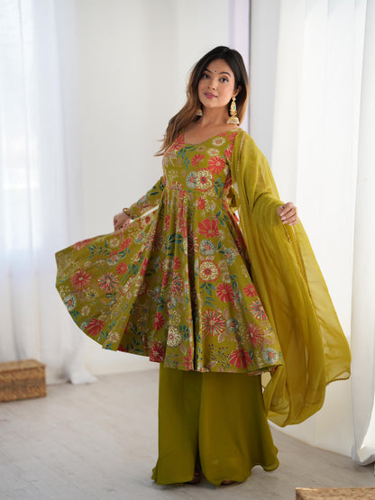 PURE SOFT ROMAN SILK FABRIC FULLY FLAIR KURTA,WITH DUPPTA SET,PALAZZO