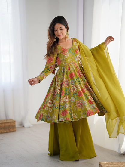 PURE SOFT ROMAN SILK FABRIC FULLY FLAIR KURTA,WITH DUPPTA SET,PALAZZO