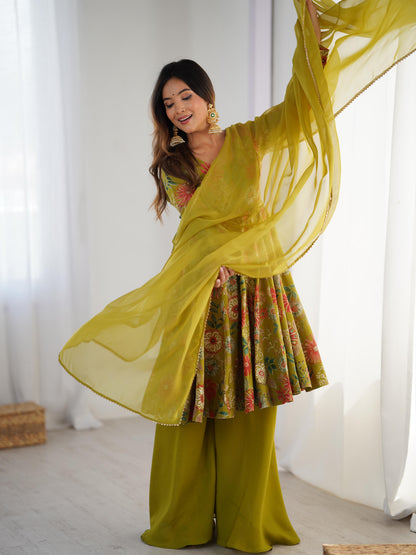 PURE SOFT ROMAN SILK FABRIC FULLY FLAIR KURTA,WITH DUPPTA SET,PALAZZO