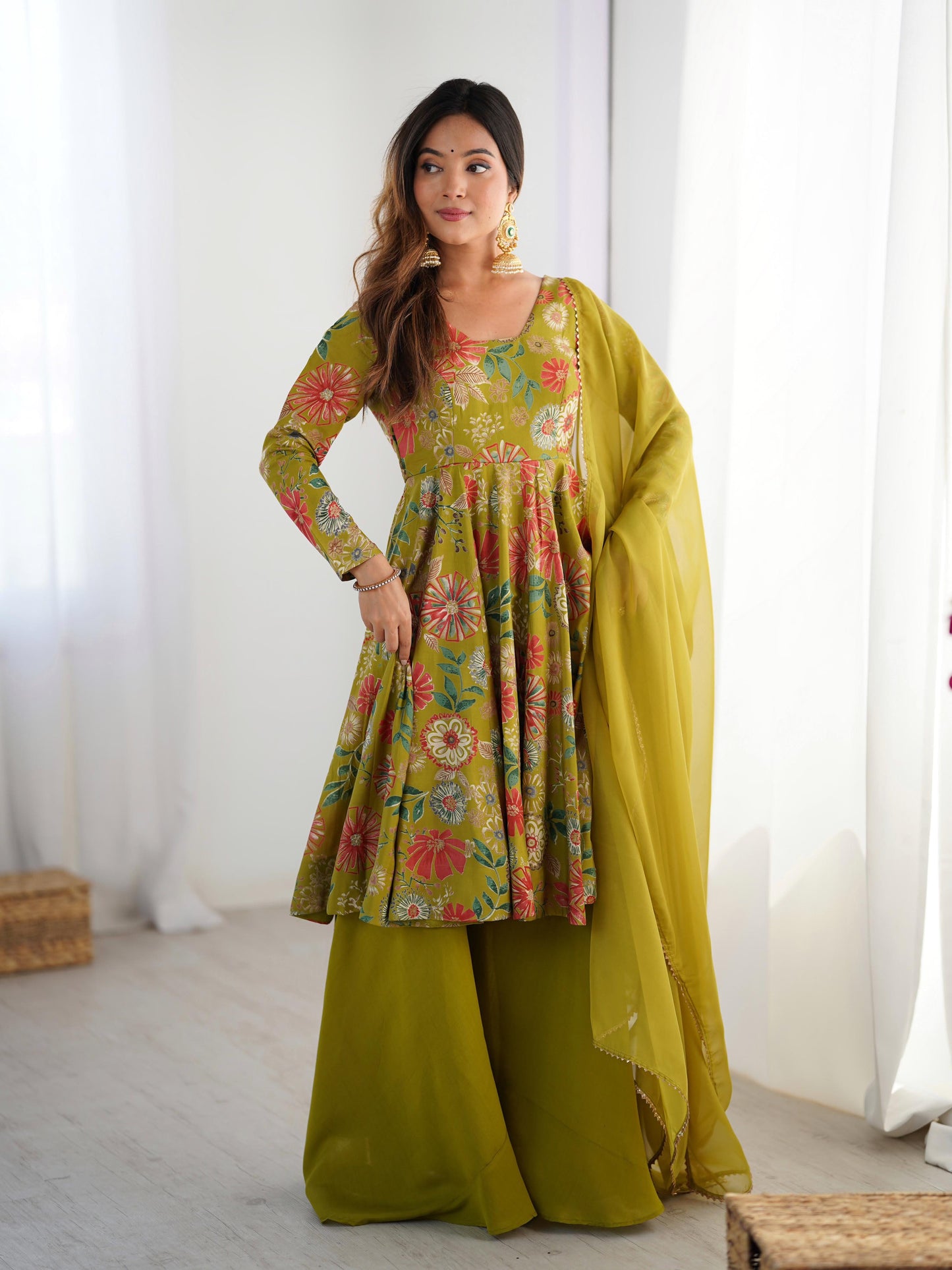 PURE SOFT ROMAN SILK FABRIC FULLY FLAIR KURTA,WITH DUPPTA SET,PALAZZO