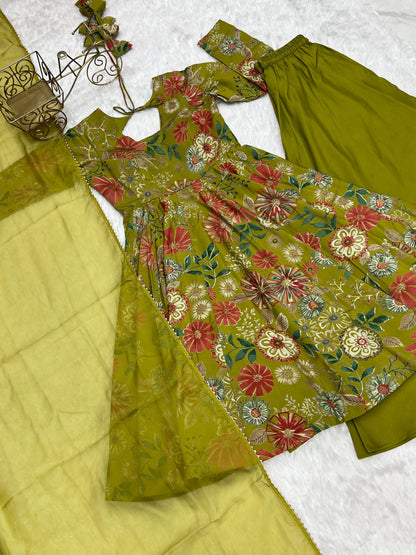 PURE SOFT ROMAN SILK FABRIC FULLY FLAIR KURTA,WITH DUPPTA SET,PALAZZO