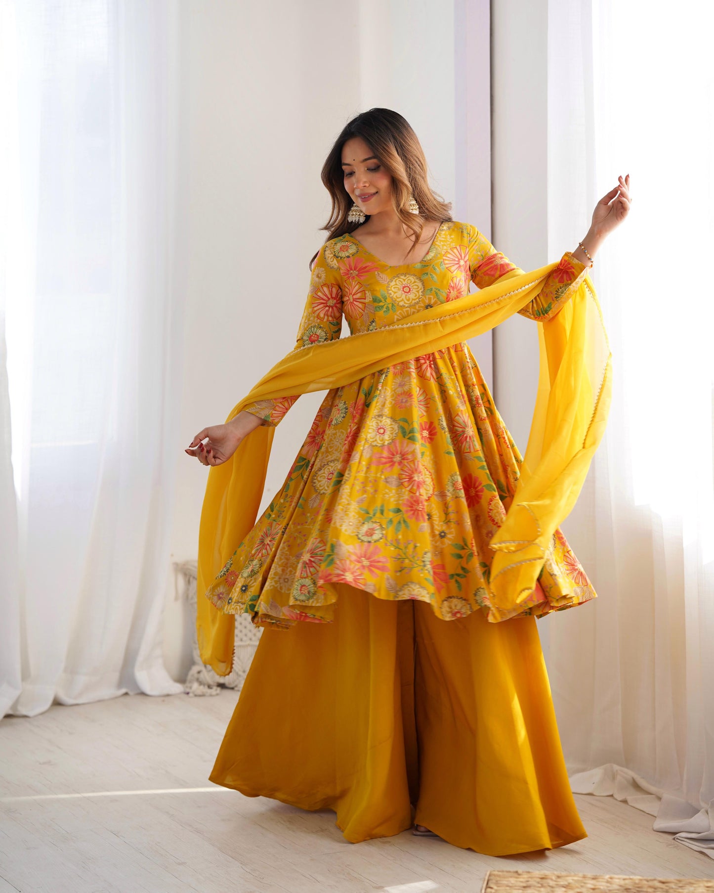 PURE SOFT ROMAN SILK FABRIC FULLY FLAIR KURTA,WITH DUPPTA SET,PALAZZO