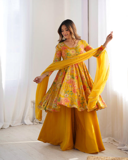 PURE SOFT ROMAN SILK FABRIC FULLY FLAIR KURTA,WITH DUPPTA SET,PALAZZO