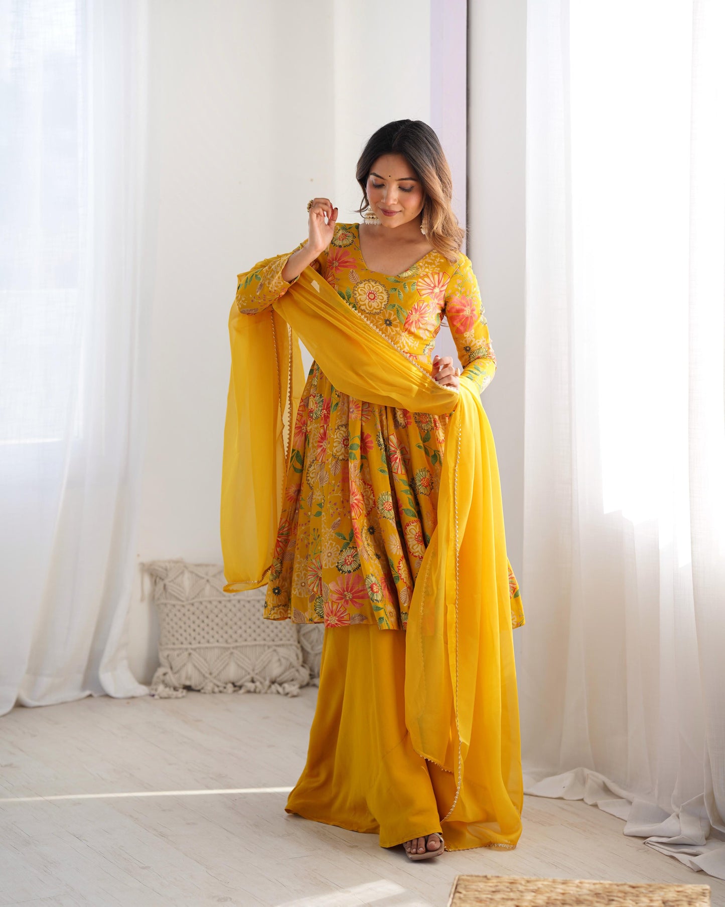 PURE SOFT ROMAN SILK FABRIC FULLY FLAIR KURTA,WITH DUPPTA SET,PALAZZO