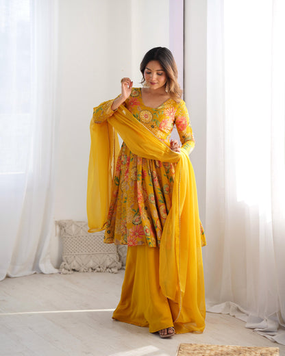 PURE SOFT ROMAN SILK FABRIC FULLY FLAIR KURTA,WITH DUPPTA SET,PALAZZO