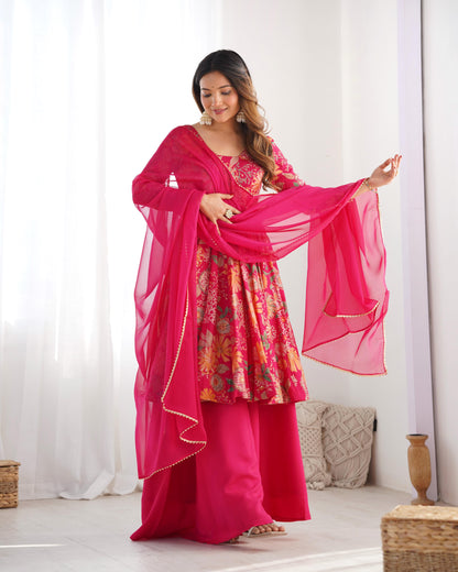 PURE SOFT ROMAN SILK FABRIC FULLY FLAIR KURTA,WITH DUPPTA SET,PALAZZO