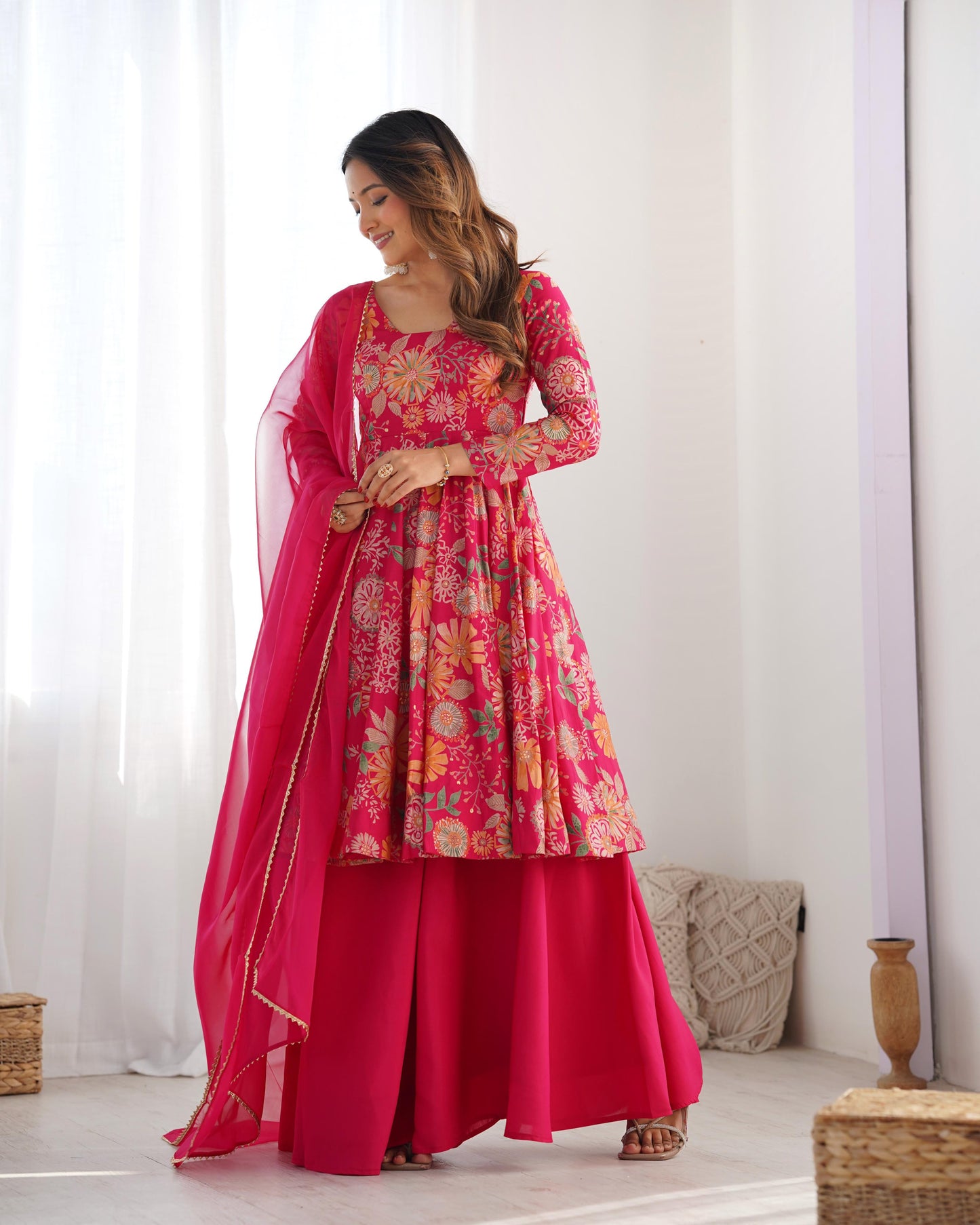 PURE SOFT ROMAN SILK FABRIC FULLY FLAIR KURTA,WITH DUPPTA SET,PALAZZO