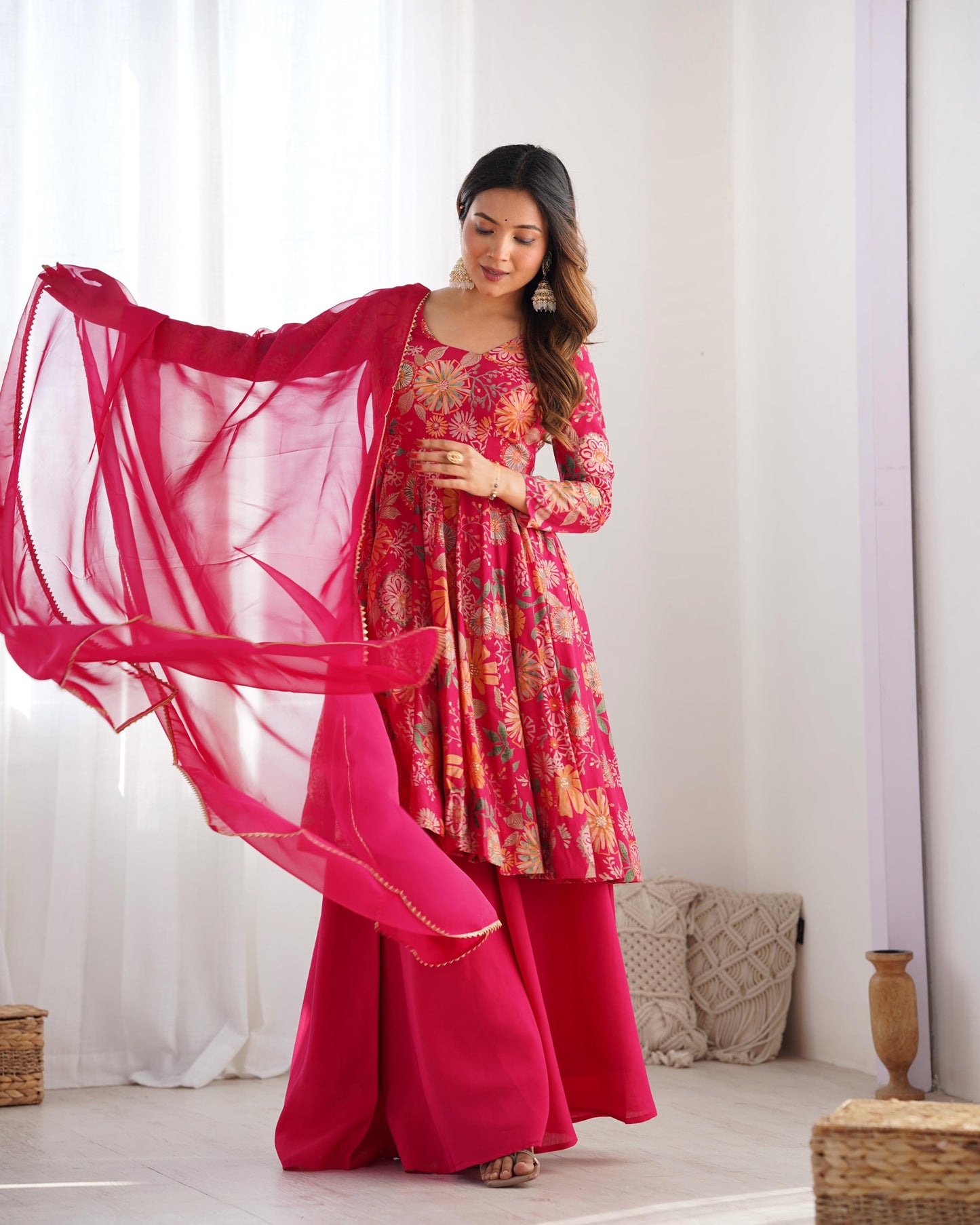 PURE SOFT ROMAN SILK FABRIC FULLY FLAIR KURTA,WITH DUPPTA SET,PALAZZO