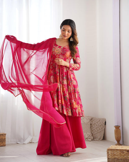 PURE SOFT ROMAN SILK FABRIC FULLY FLAIR KURTA,WITH DUPPTA SET,PALAZZO