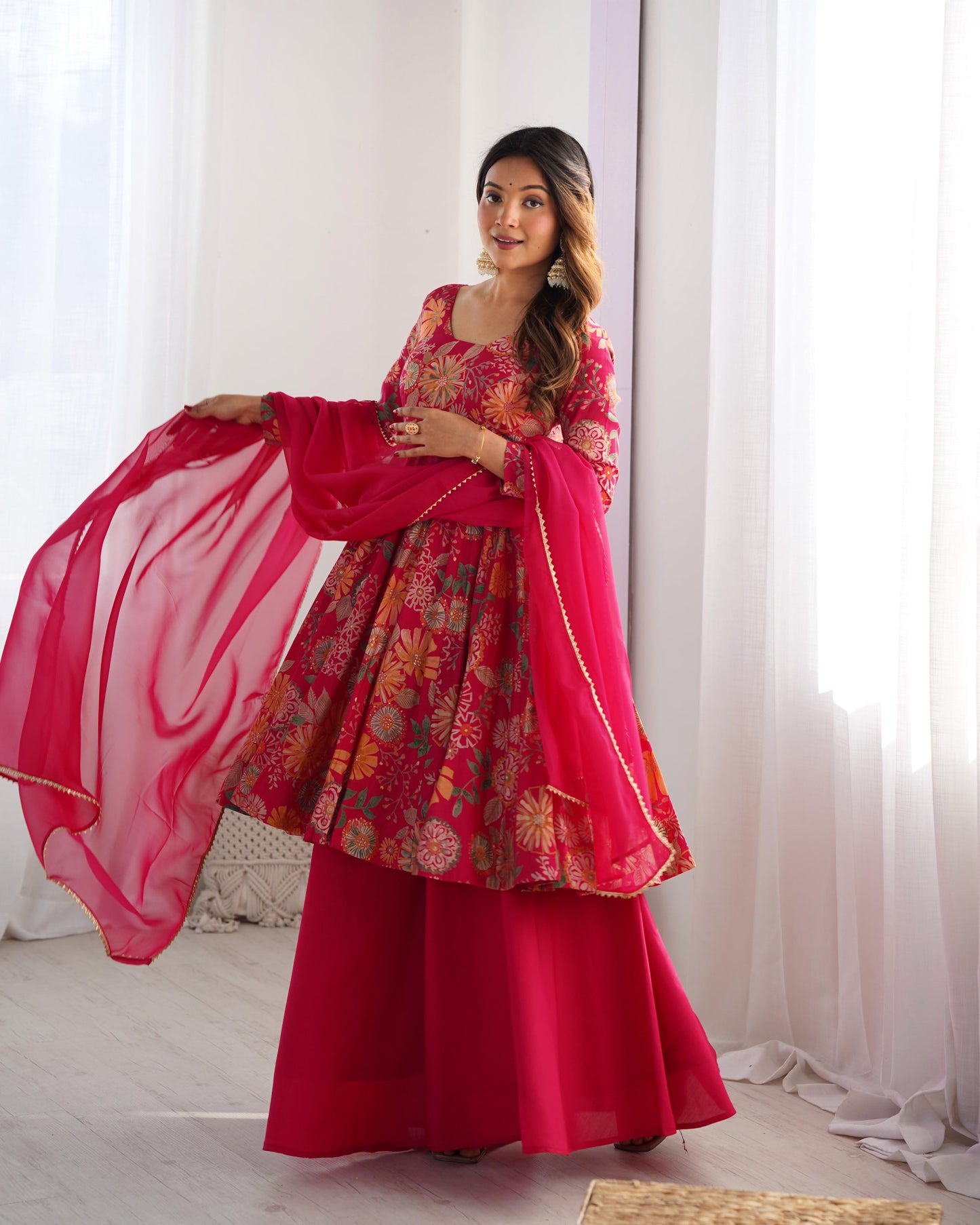 PURE SOFT ROMAN SILK FABRIC FULLY FLAIR KURTA,WITH DUPPTA SET,PALAZZO